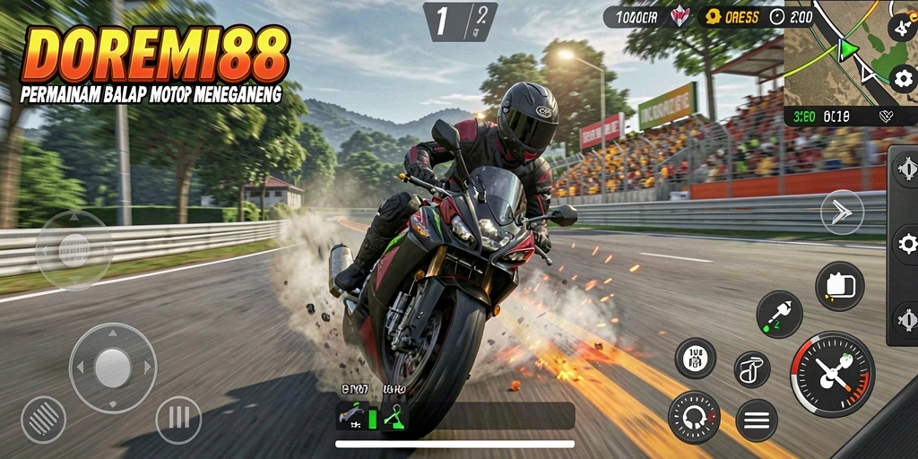 Screenshot DOREMI88 menampilkan aksi balap motor yang intens.