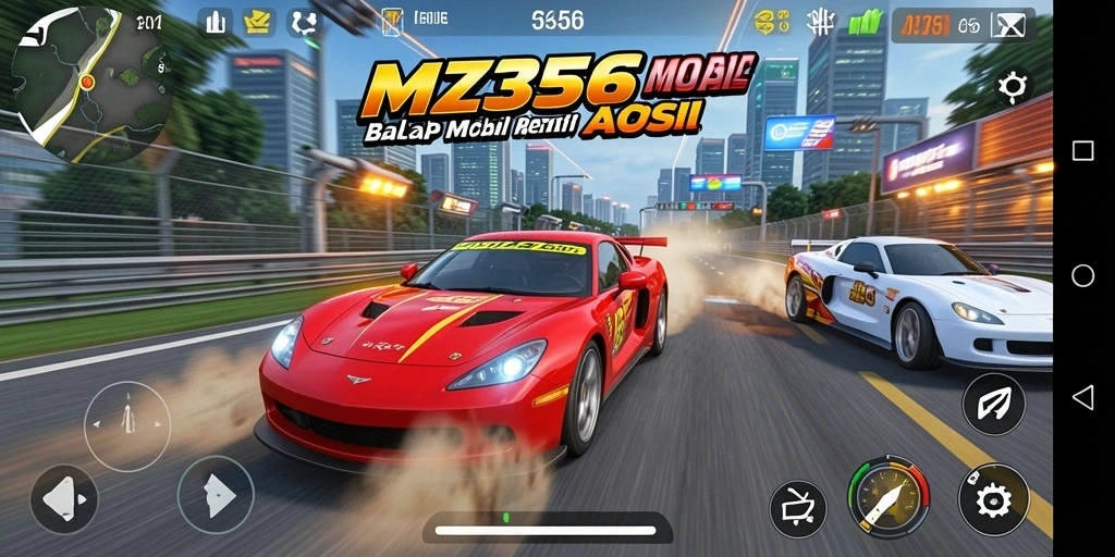 Screenshot MZ356 menampilkan balapan seru dengan mobil dan trek yang menantang.