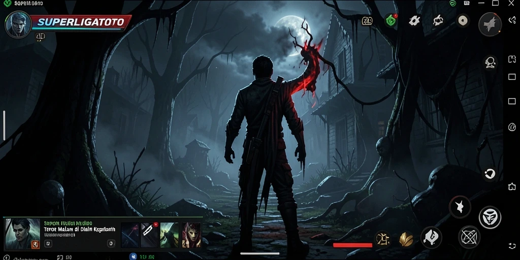 Screenshot gameplay SUPERLIGATOTO menampilkan suasana horror yang mencekam.